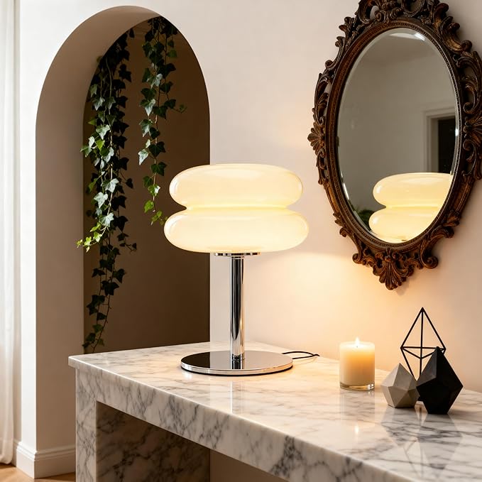 Fandian Beige Table Lamp for Bedroom, Mid Century Modern Lamp for Nightstand, 3 Color Change Egg Tart Bedside Small Lamps, Unique Home Mushroom Cute Desk Lamps