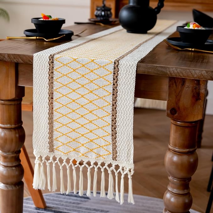 EMMTEEY Macrame Table Runner Boho Style - Scratch & Heat Resistant, Hexagonal Grid Cotton Linen Table Runner with Tassels for Home Decor/Bedroom (12"X36", Yellow)