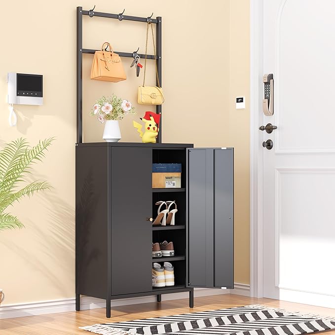 2in1 Hall Tree Shoe Cabinet for Entryway, Hallway, and Living Room,Metal Shoe Coat Rack Cabinet with 3 Adjustable Shelf,Shoe Storage Organizer with Hanging Bar & Hooks (Cabinet With Coat Rack, black)