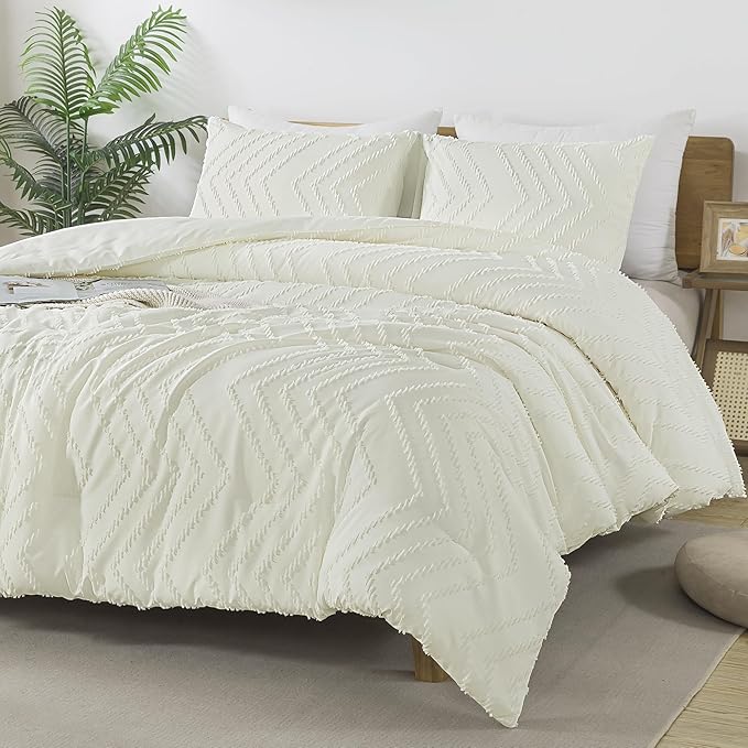 Andency Ivory California King Comforter Set, Boho Cal King Soft Warm Tufted Neutral Bedding Comforter Sets, 3 Pieces Cali King Aesthetic Chevron Farmhouse Cute Bohemian Textured Bedding Set