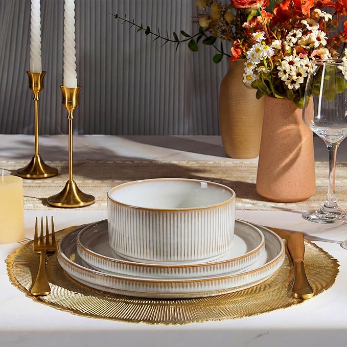 E-far Stoneware Dinnerware Sets for 2, 6-Piece Plates and Bowls Sets, Chip & Scratch Resistant Ribbed Dish Set for Home Restaurant, Microwave & Dishwasher Safe, Creamy Beige