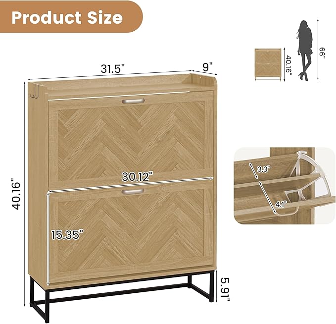 Shoe Cabinet Storage for Entryway, 40" Tall Narrow Wood Shoe Organizer with 2 Flip Drawers & Adjustable Shelves,Freestanding Hidden Shoe Storage Organizer with Hooks for Entryway, Foyer, Hallway, Oak