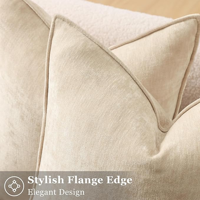 decorUhome Summer Couch Euro Sham Throw Pillow Covers 26x26 Set of 2, Decorative Soft Velvet Modern Cozy Chenille Pillow Cases with Elegant Design for Sofa Bed Living Room Home Decor, Beige