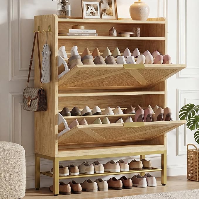 IRONCK Shoe Cabinet with 2 Flip Drawers, 48.3" H x 34.2" W x 10.2" D, Rattan Shoe Storage Organizer Cabinet with 4 Side Hooks, Free Standing Narrow Shoe Rack Cabinet for Entryway, Natural Oak