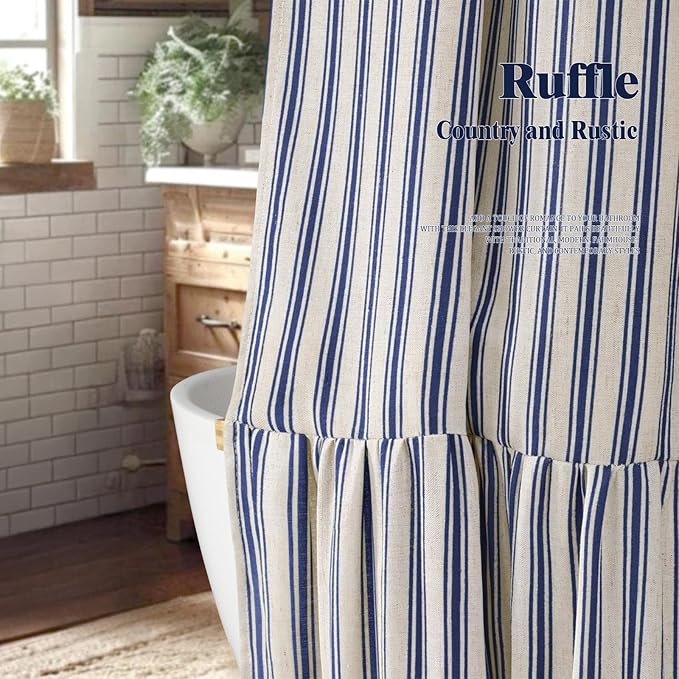 Farmhouse Shower Curtain with Ruffle Hem Linen Shower Curtains for Bathroom Country Vintage Rustic Natural Fabric, Cream-Blue Stripe 72" W x 96" L