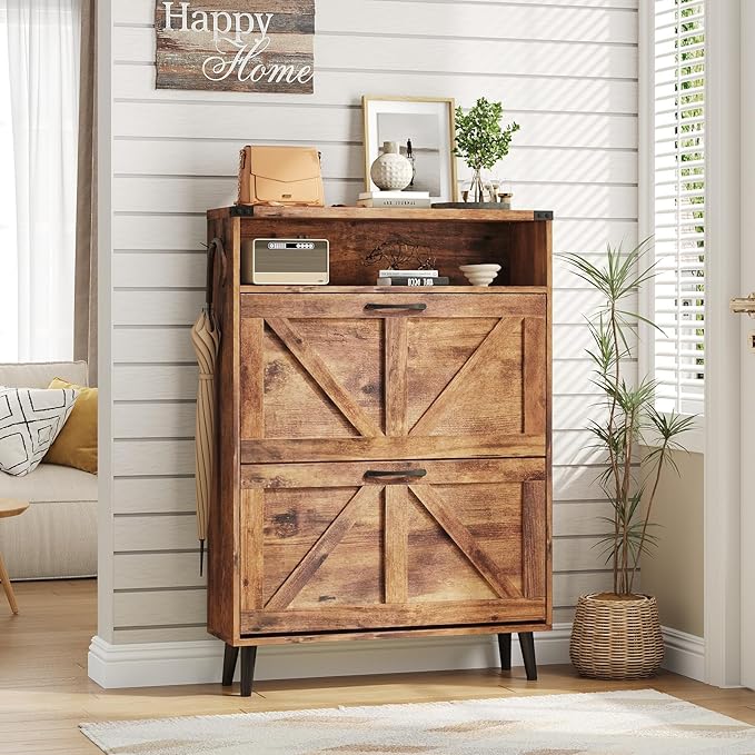 Vabches Shoe Storage Cabinet with 2 Flip Drawers,Freestanding Narrow Shoe Organizer with Open Storage,Hidden Slim Shoe Rack Cabinet for Entryway,Hallway,Brown