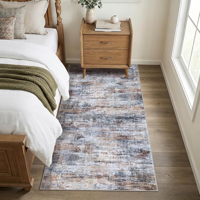 IOHOUZE Abstract Runner Rug 3x7 Ft Washable Runners for Hallways, Non Slip Kitchen Runner Printed Faux Wool Entryway Runner Indoor, Modern Abstract Floor Carpet for Hall Kitchen Bedroom, Orange Grey