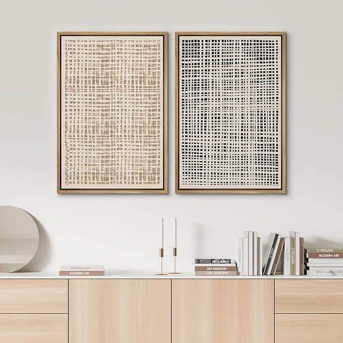 SIGNWIN Framed Canvas Print Wall Art Set Neutral Grid Illustrations Modern Art Rustic Colorful Ultra for Living Room, Bedroom, Office - 24"x36"x2 Natural