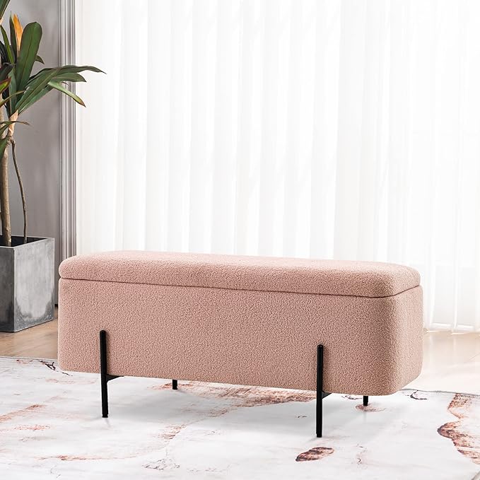 MCombo Storage Ottoman Bench, Teddy Fabric Upholstered Footstool with Storage Space, Bed End Bench for Bedroom, Living Room, Entryway W709 (Pink)