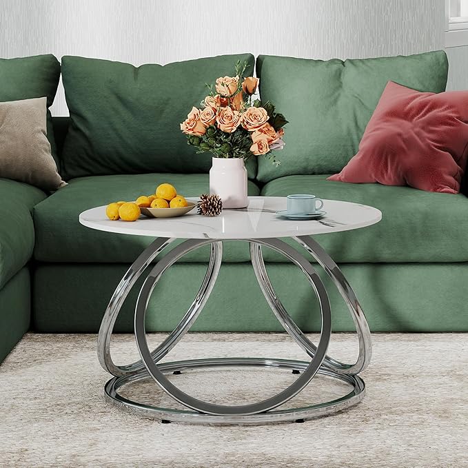 O&K FURNITURE Silver Coffee Table, Round Coffee Table Faux Marble Veins, Modern Center Table with Chrome Finish, for Living Room, Home Office, 1 PC