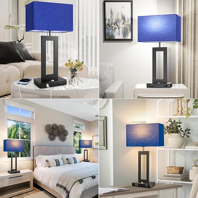 3 Color Temperatures Table Lamps for Bedrooms Set of 2, 22’’ Touch Control Bedside Nightstand Lamps with 2 USB Ports & AC Outlet, Stepless Dimmable Lamps with Blue Shade, Modern Decor for Living Room
