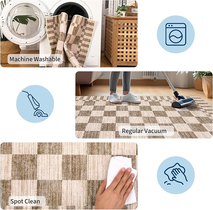 GarveeHome 2×10 Kitchen Runner Rug Non Slip,Brown Checkered Rug,Washable Runner Rug for Hallway Soft Low-Pile Geometric Checkerboard Rugs for Entryway Kitchen Dining Room