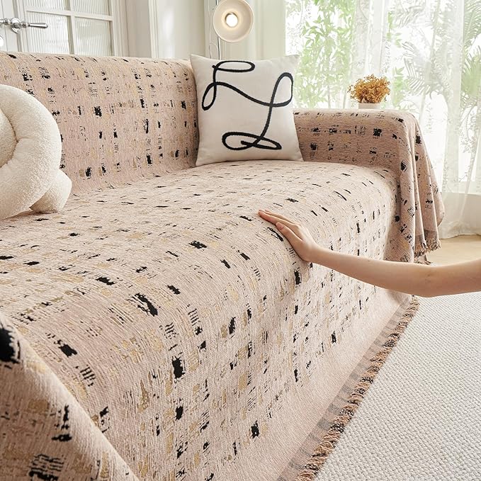 DREAMINGO Abstract Chenille Couch Cover Blanket Coffee Black Boho Sofa Cover, Washable Furniture Protector, Universal Slipcover for Couch, Geometric Brushstroke Jacquard, XX-Large 71"x150"