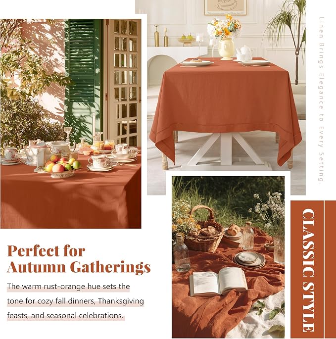 Linen World Fall Linen Tablecloth 55" x 55" Inch,French Linen Washable Rectangular Table Cloth for Dining,Outdoor, Weddings and Restaurants,Decorative Thanksgiving Christmas,Caramel Hemstitch