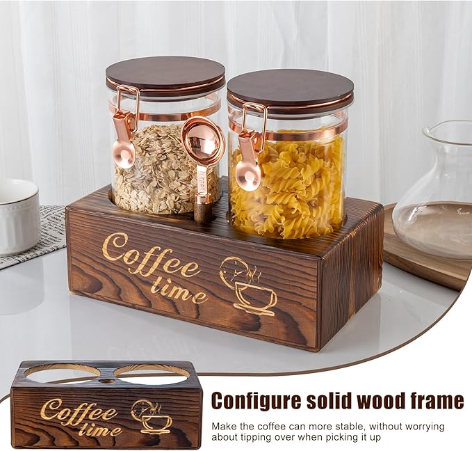 Glass Coffee Canister Set with Torched Wood Shelf, 2 Pack 45oz Airtight Storage Jars with Lids & Spoons, Large Kitchen Canisters for Coffee Beans, Sugar, Tea & Nuts