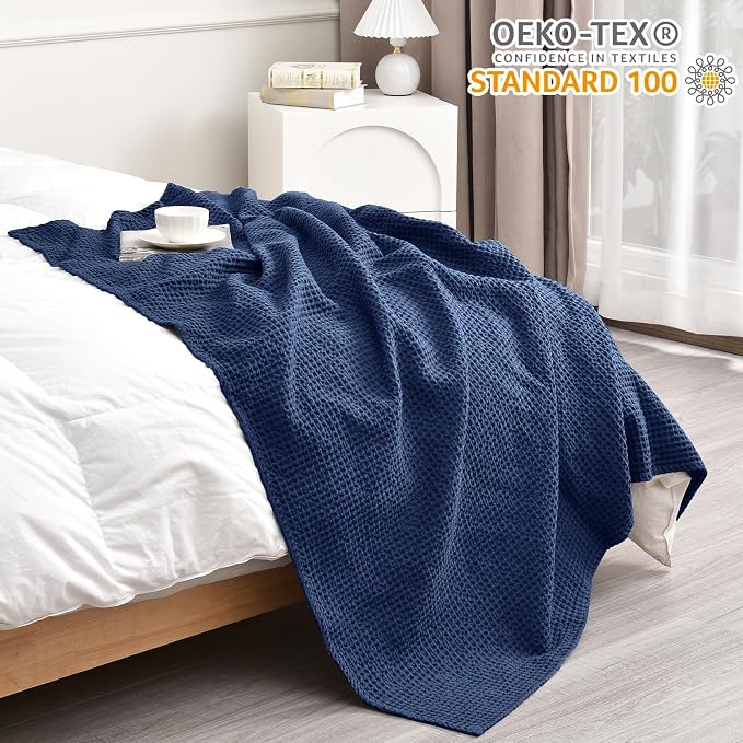 PHF Pre-Washed 100% Cotton Waffle Weave Throw Blanket for Couch, Lightweight Breathable Bed Blanket for Spring Summer, Snag Proof Machine Washable, Home Decor Gift - Navy Blue/Bright Blue