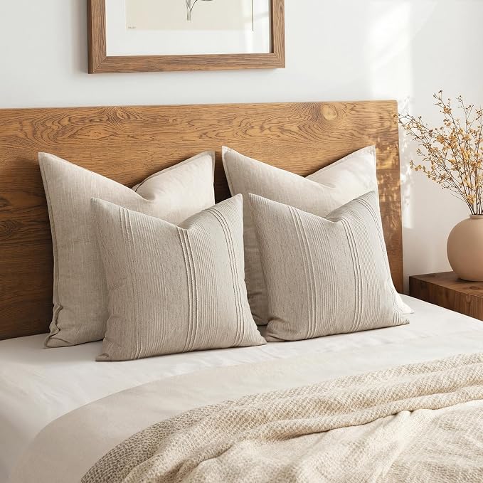MIULEE Striped Euro Sham Pillow Covers 26x26 Decorative Textured Throw Pillow Covers Pack of 2 Linen Cushion Cases for Couch Bed Sofa Livingroom Farmhouse Home Decor, Natural Linen