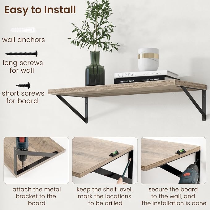 Axeman Deep Floating Shelves - 30 Inch Floating Shelves Set of 2-12 Inch Deep Grey Wood Wall Shelves for Living Room Bathroom Kitchen