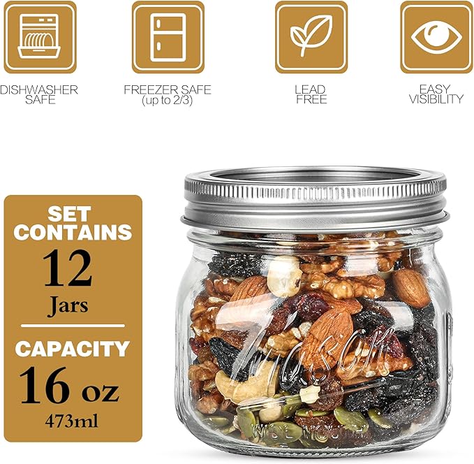Ieavier 12PCS Wide Mouth Mason Jars 16oz with Airtight Lids and Bands, Canning Jars with Crystal Glass for Food Storage, Spice Jars, Canning, DIY Projects, Jam, Jelly, Honey, Preserving, Drinking