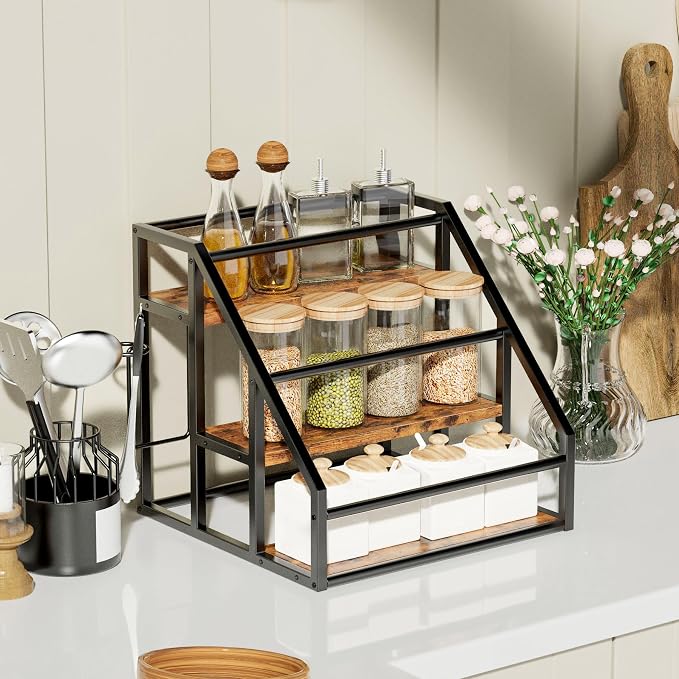 Coffee Syrup Rack Organizer, 3 Tier Countertop Storage Shelves, Kitchen Storage, 12 Syrup Bottle Stand Holder for Wine, Liquor, Kitchen Coffee Station Organizer Rack, 13.8"x13.4"x13.0", Rustic Brown