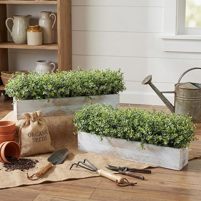 Lyrow 2 Pack Artificial Eucalyptus Plant in Rustic Rectangular Wooden Planter Box Greenery Faux Potted Herb Plant for Indoor Wedding Table Centerpiece(Green,24 x 3.7 x 3.7 Inches,Classic Style)
