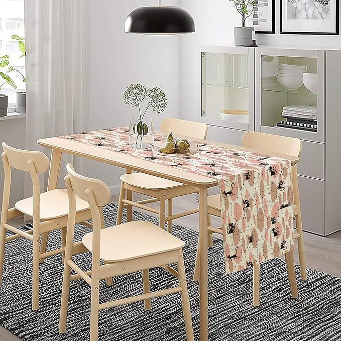 Mid Century Table Runner Vintage Pink Abstract Geometric Atomic Star Retro Black Cat Dining Table Decoration for Kitchen Dining Room 13x120in