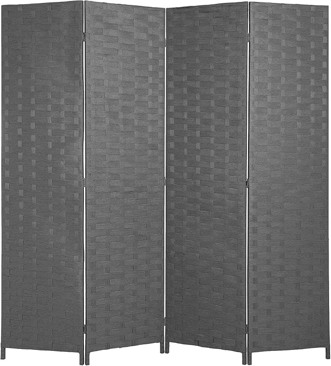 FDW Room Divider Wood Screen Mesh Woven Design Folding Portable Partition Screen Wood for Home Office (4 Panel, Gray)