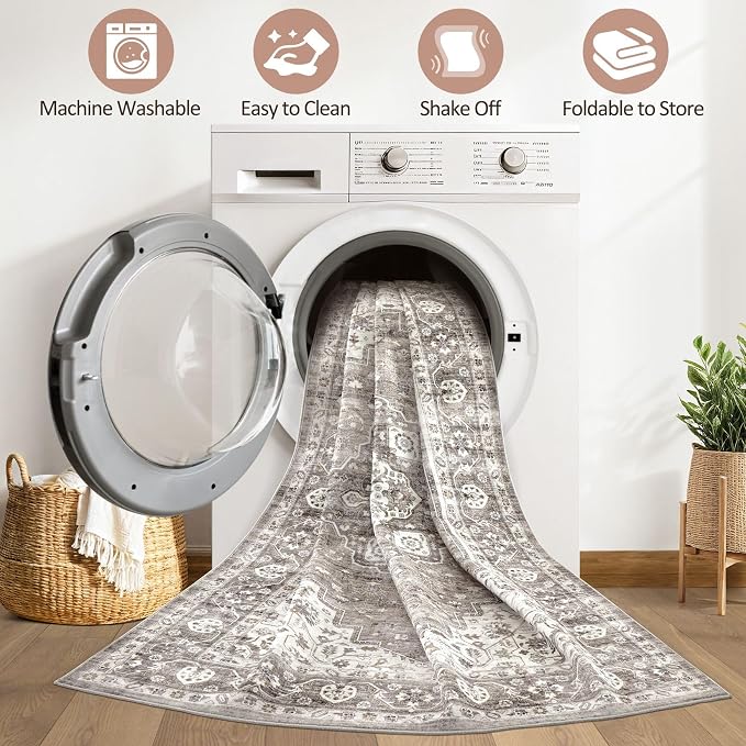 10x14 Area Rugs Living Room: Washable Boho Large Neutral Vintage Soft Rug Stain Resistant Farmhouse Non-Slip Indoor Rustic Floor Carpet for Bedroom Nursery Kids Playroom Office Dining Room- Dark Brown