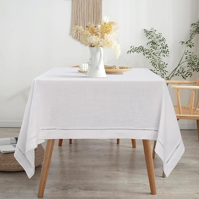 Linen World Hemstitch Linen Tablecloth,French Linen White Tablecloth 120" x 60" Inch,Washable Rectangular Table Cloth for Dining,Outdoor,Weddings and Restaurants,Decorative Thanksgiving Christmas