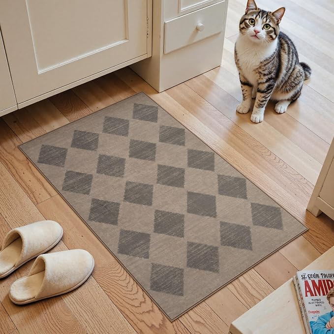 Lahome Zelie Checkered Washable 2x3 Brown Kitchen Rugs Non Slip, Small Printed Indoor Door Mat for Entryway, Moroccan Trellis Ultra-Thin Throw Carpet for Bedroom Laundry Entrance Decor (2'x3',Brown)