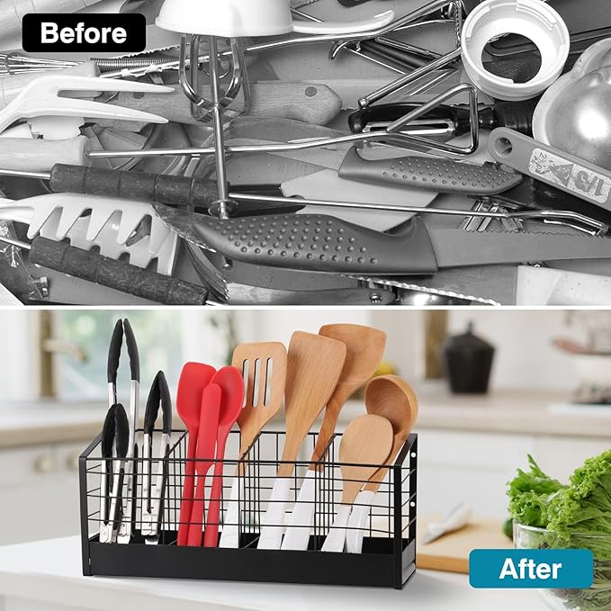 acDesign Kitchen Utensil Holder with 4 Compartments, Wire Cooking Utensil Holder Organizer, Matte Black Metal holder with Base for Kitchen Countertop, Spatula, Tong, Spoon