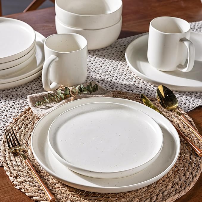 AmorArc Ceramic Dinnerware Sets, Wavy Rim Stoneware Plates and Bowls Sets,Dishwasher & Microwave & Oven Safe Dishes set, Service for 4 (12pc)-Matte Speckled White