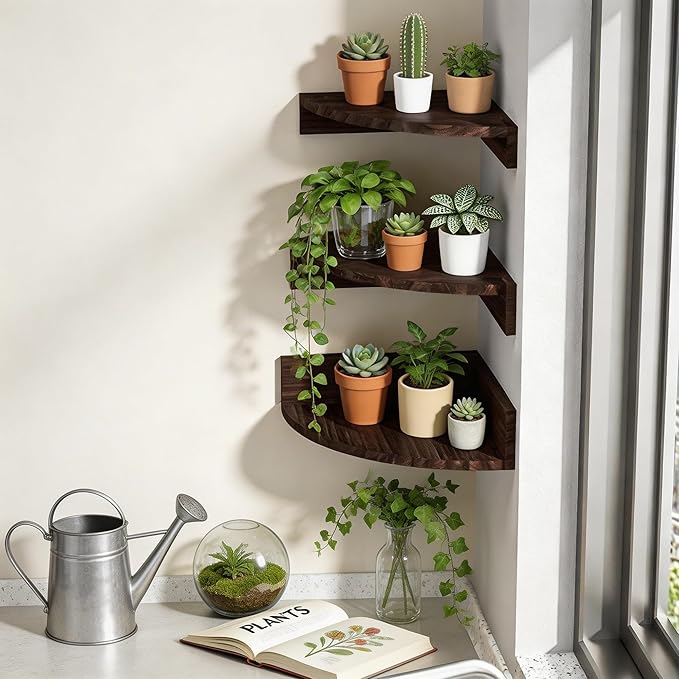 Alsonerbay Corner Shelf Wall Mount, Set of 3 Floating Shelves for Storage and Display, Rustic Wood Shelves for Bedroom, Kitchen, Living Room, Nursery and Office (Dark Brown)