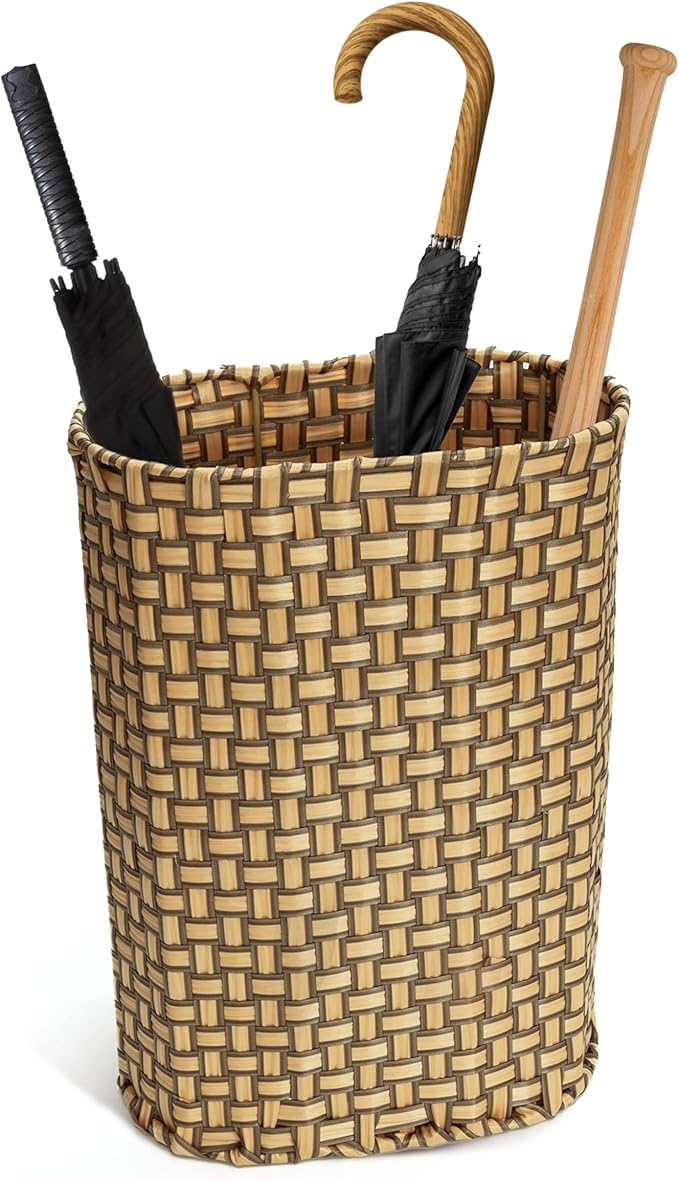 HAMOTOPI Umbrella Holder Entryway Umbrella Stand Indoor Entryway 6.7x17.3 Wicker Umbrella Bucket Basket Narrow Tall Umbrella Storage Bin Woven Faux Rattan Cane Holder Stands (Brown & Natural)