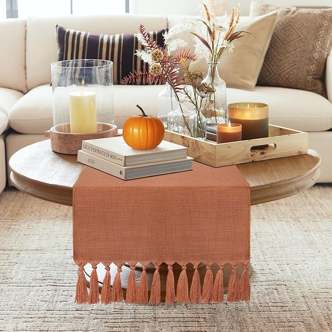 yuboo Terracotta Table Runner 36 Inches - Boho Short Table Runner for Nightstand, Small Coffee Table, Orange Dresser Scarves for End Table, Bedroom, Spring Valentine's Day Home Decor