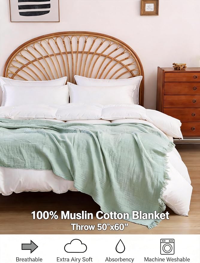 100% Cotton Muslin Throw Blanket for Bed, Couch, Small, Decorative, Soft, Pre-Washed, Breathable and Lightweight Gauze Blanket with Tassels, Sage Green, 50"x60"