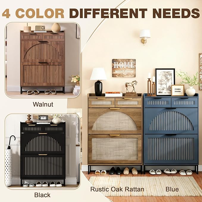 Fluted Shoe Cabinet Storage for Entryway – Narrow Shoe Rack with 2 Flip Drawers & 2 Storage Drawers, Freestanding Hidden Shoe Organizer for Foyer, Hallway (Blue)