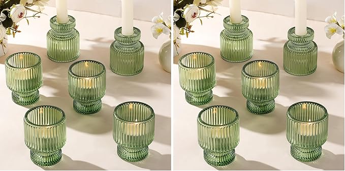 DARJEN 6 Pcs Green Candlestick Holders - Glass Taper Candle Holders Tealight Votive Candle Holders for Table Centerpieces, Wedding, Dinner Party, Home, Gifts (Pack of 2)