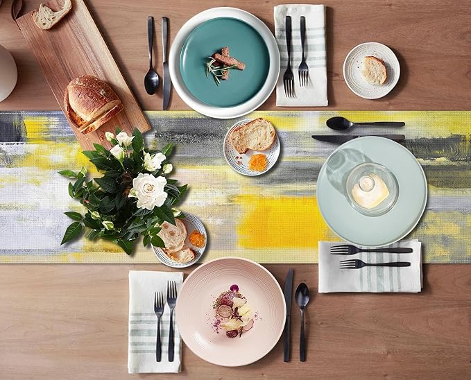 Emvency Modern Table Runner, Yellow and Grey Abstract Art Painting for Kitchen Coffee Table Family Dinners Holiday Parties Wedding Events Decor(13x72 inch)
