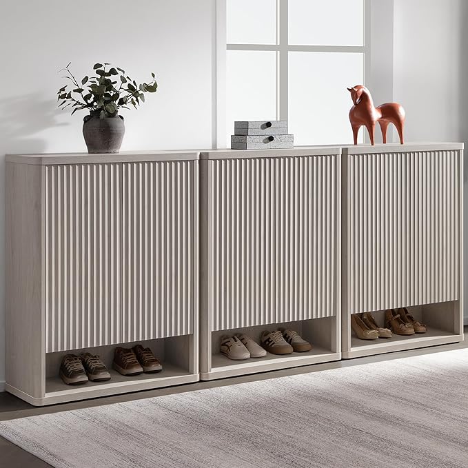 SICOTAS Shoe Cabinet 44 inch Tall Fluted Shoe Cabinet with Doors & 4 Shelves Wooden Large Hidden Shoe Storage Organizer Modern Free Standing 6-Tier Cabinet for Entryway Living Room Closet