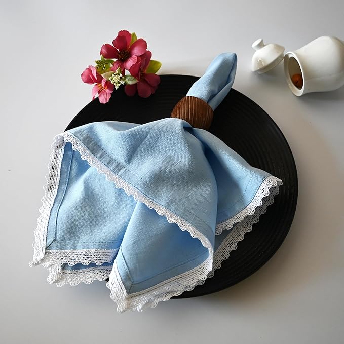 Fingercraft Dinner Cloth Napkin Cotton Linen Blend 12 Pack 12In Mitered Corners with Elegant Lace for Everyday Use Napkins Cloth are Pre Shrunk and Good Absorbency Sky Blue Easter Color
