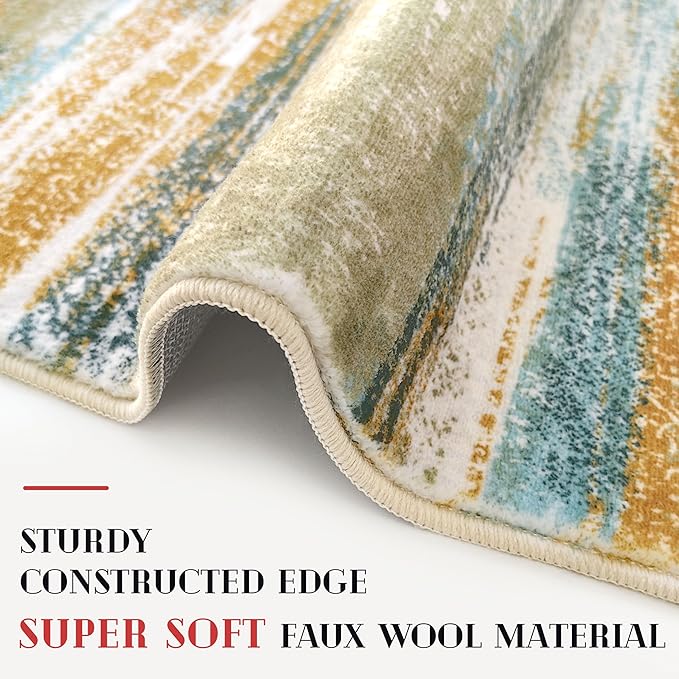 Lansny Modern Abstract Runners for Hallways 2.6x8, Washable Runner Rug Non-Slip Indoor Soft Thin Hallway Runner Rugs, Print Faux Wool Floor Carpet for Kitchen Entryway Bedroom, Green Mustard Multi