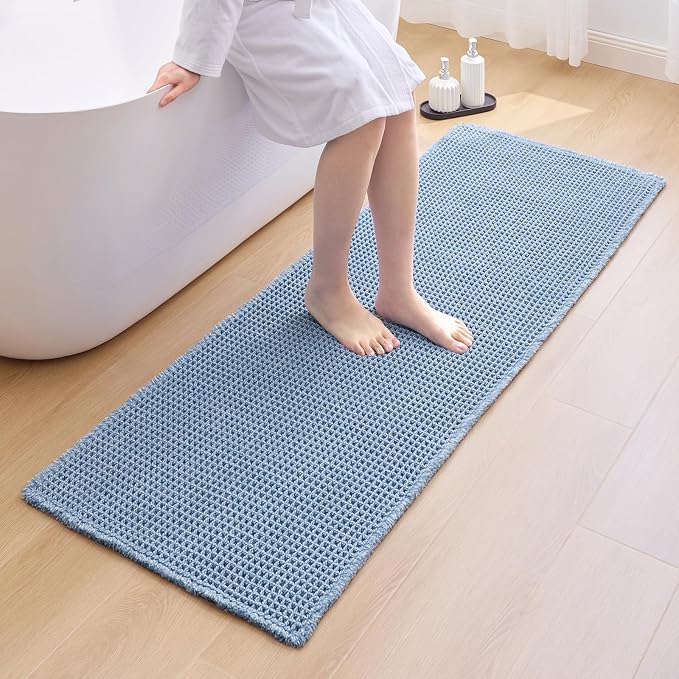 ILANGO Upgraded Waffle Bathroom Runner Rugs,Super Absorbent Boho Non Slip Bathroom Mats Quick Dry,Ultra Soft Machine Washable Mat with Tassels for Hallway,24x72,Light Blue