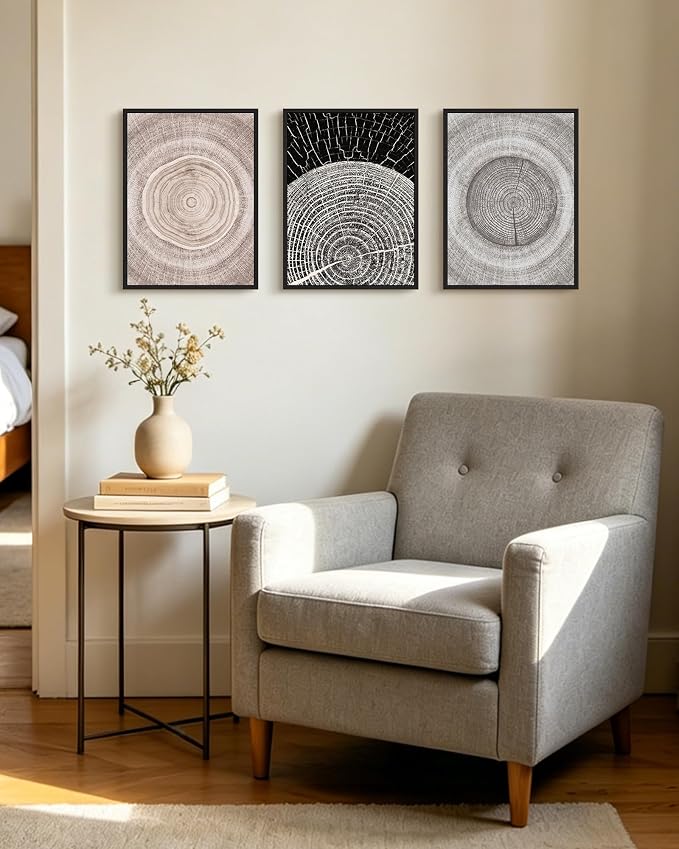PHOPAGO Vintage Wood Tree Rings Wall Art Farmhouse Rustic Framed Paintings Nature Artwork for Dining Room Kitchen - 11x14in Black Framed