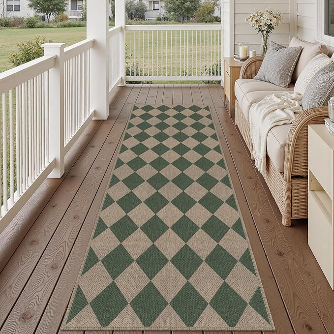 Rugalia Easy Jute Checkered Outdoor Runner Rug, 2.6x8 Green Modern Washable Rugs Runner for Hallway Non-Slip Kitchen Runner Rug, Geometric Diamond Outdoor Carpet for Porch Laundry Entryway