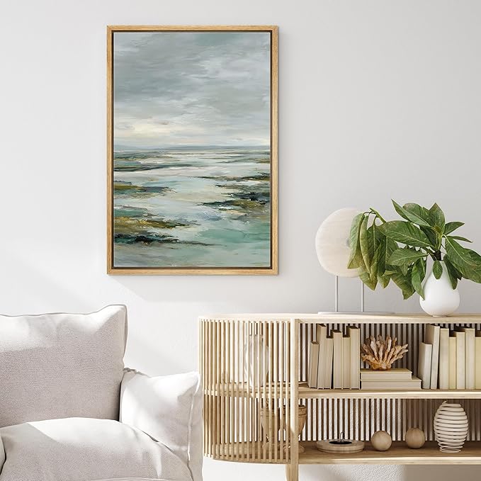 MUDECOR Framed Canvas Print Wall Art Serene Coastal Landscape Abstract Ocean Illustrations Minimalism Decorative Bohemian Colorful Zen for Living Room, Bedroom, Office - 16"x24" NATURAL