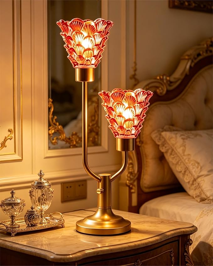 Lightdot Glass Red Table Lamp Dimmable Mid Century Modern Gold Desk Lamp with Shell Flower Shades 2 Bulbs Included 3000K Warmwhite Nightstand Ambience Lamp for Bedroom Bedside Living Room