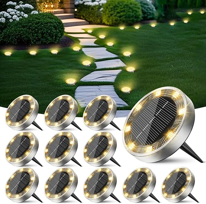 Peasur Solar Lights Outdoor Waterproof -12 Pack Solar Ground Lights Anti-Rust, Flat Solar Powered Disc Lights Landscape Lighting for Deck Step Patio Yard Pathway Walkway Driveway Garden, Warm White