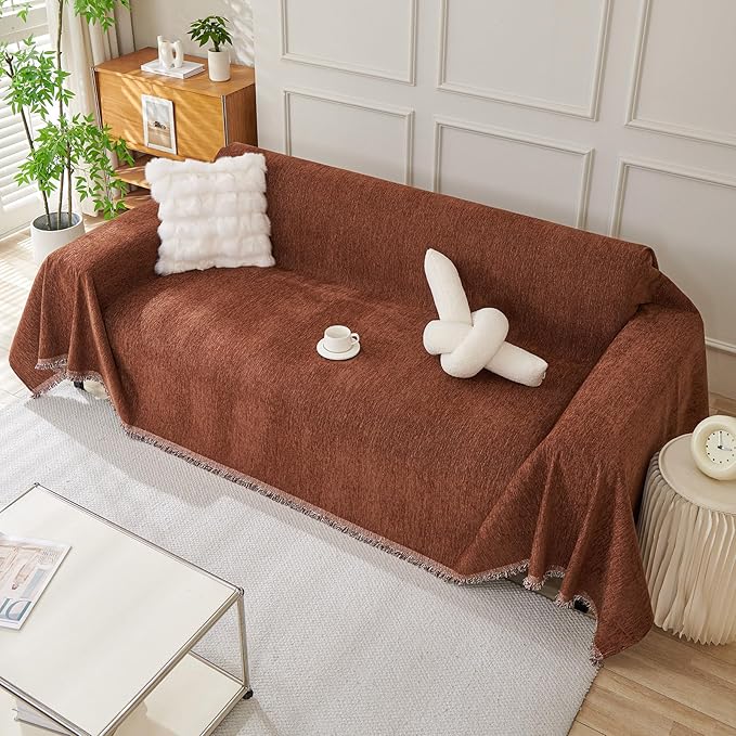 DREAMINGO Chocolate Brown Couch Cover Chenille Sofa Covers for 2 Cushion Couch Washable Loveseat Covers Modern Furniture Protector Couch Cover Blanket for Sectional, 71"x118"