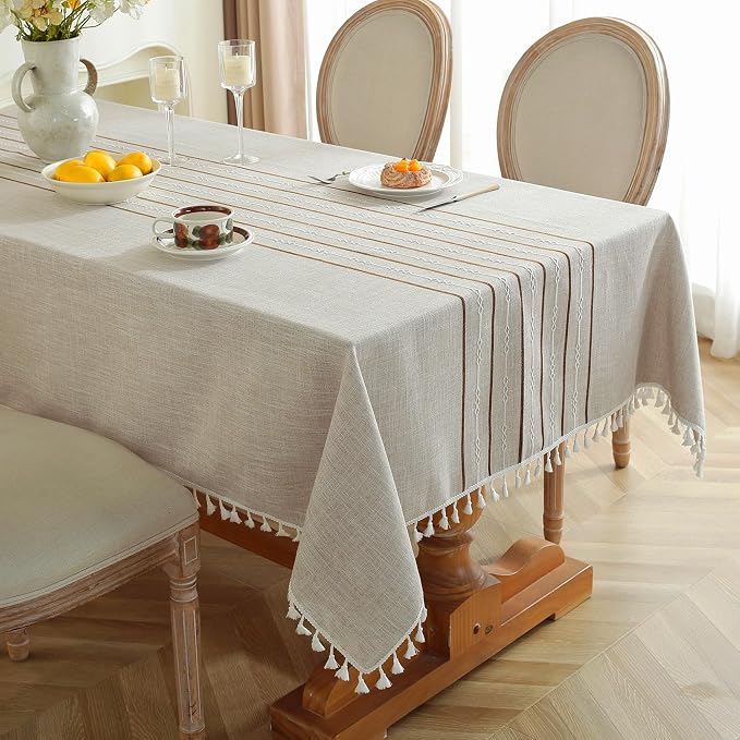 JIALE Tablecloths for Rectangle Tables, Cotton Linen Table Cloth Waterproof Tablecloth Wrinkle Free Farmhouse Dining Tables Cover, Soft Fabric Table Cloths with Tassel, Coffee, 55" X 120", 10-12 Seats